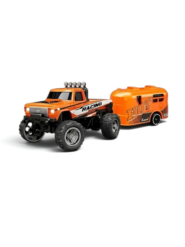 RC Monster Truck with Detachable Camper Caravan Trailer 1:64 Scale Orange with Acrylic Display Case MD571.