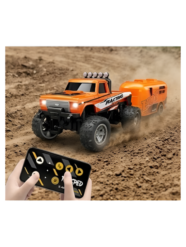 RC Monster Truck with Detachable Camper Caravan Trailer 1:64 Scale Orange with Acrylic Display Case MD571.