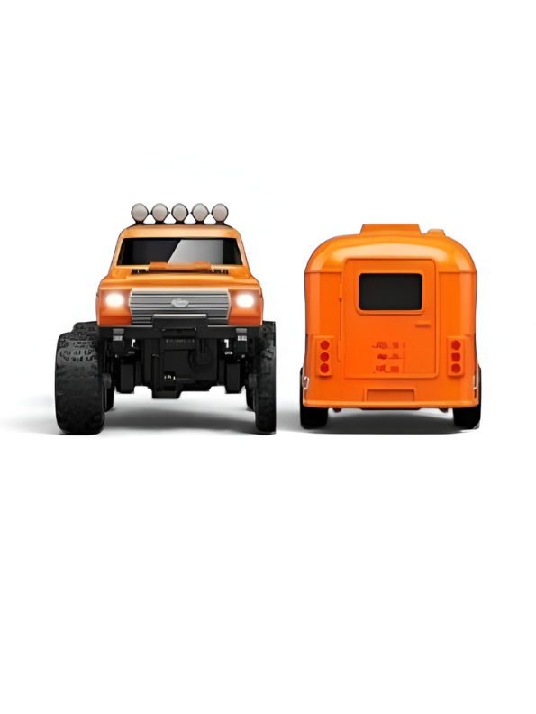 RC Monster Truck with Detachable Camper Caravan Trailer 1:64 Scale Orange with Acrylic Display Case MD571.