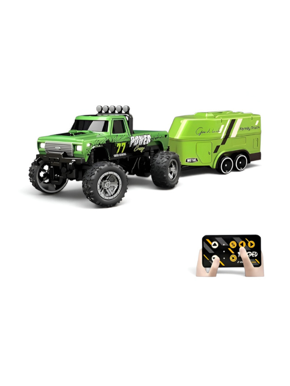 RC Monster Truck with Detachable Camper Caravan Trailer 1:64 Scale Orange with Acrylic Display Case MD571.