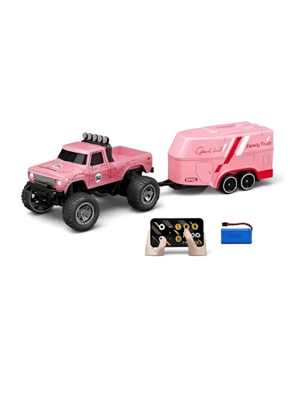RC Monster Truck with Detachable Camper Caravan Trailer 1:64 Scale Pink with Acrylic Display Case MD571.