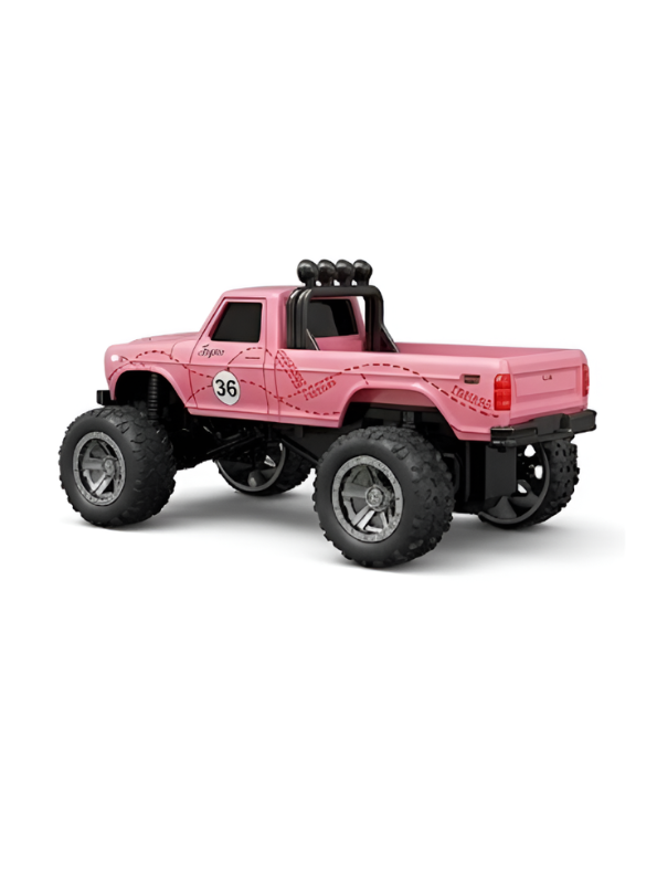 RC Monster Truck with Detachable Camper Caravan Trailer 1:64 Scale Pink with Acrylic Display Case MD571.