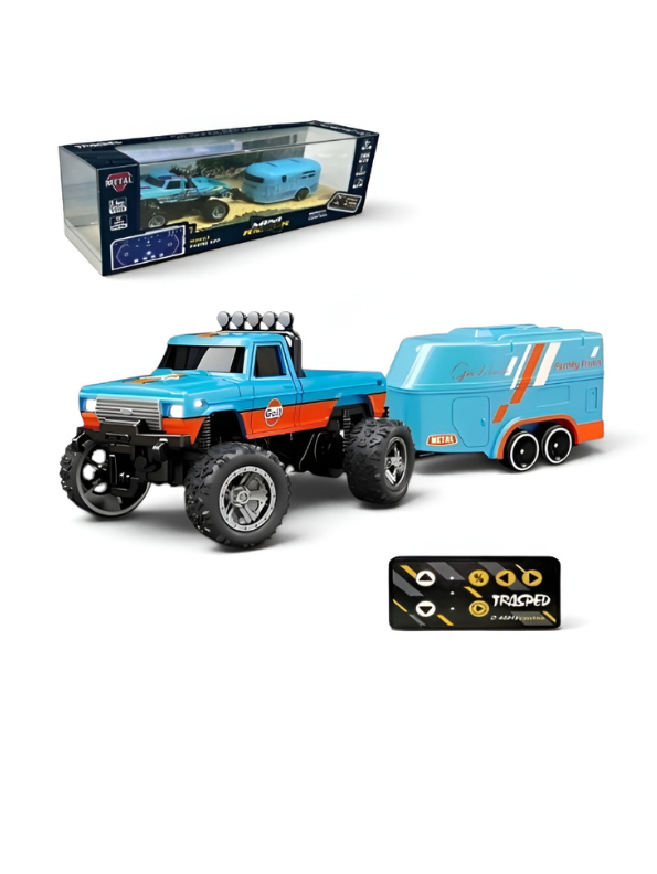 RC Monster Truck with Detachable Camper Caravan Trailer 1:64 Scale Gulf Edition Turquoise with Acrylic Display Case MD571.