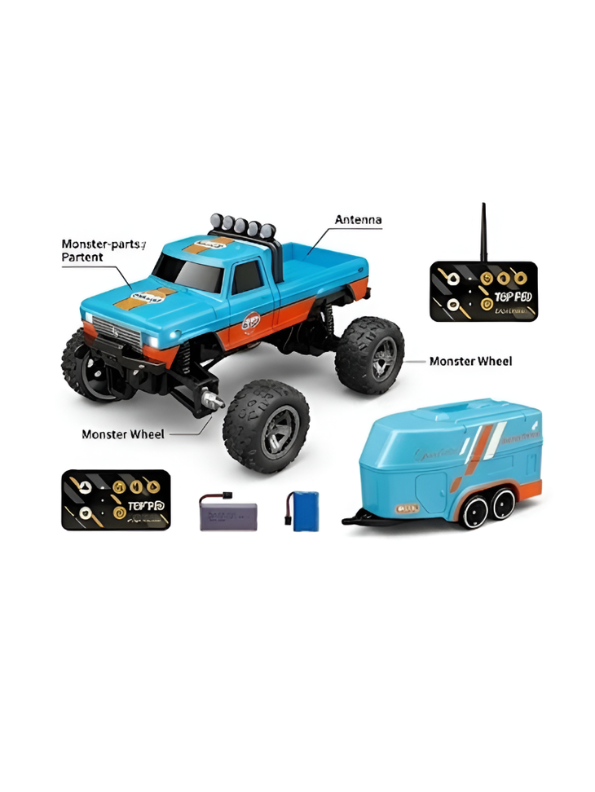 RC Monster Truck with Detachable Camper Caravan Trailer 1:64 Scale Gulf Edition Turquoise with Acrylic Display Case MD571.