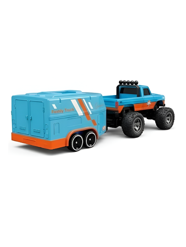 RC Monster Truck with Detachable Camper Caravan Trailer 1:64 Scale Gulf Edition Turquoise with Acrylic Display Case MD571.
