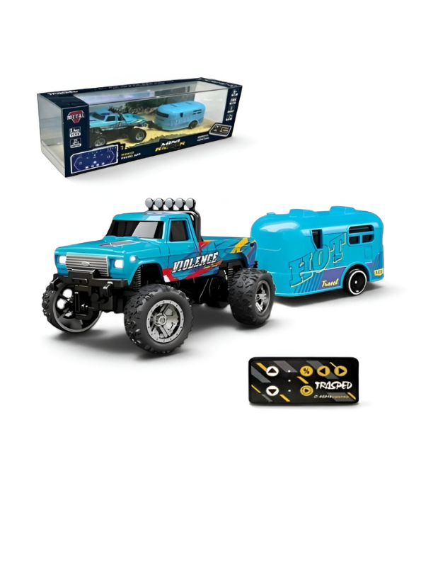 RC Monster Truck with Detachable Camper Caravan Trailer 1:64 Scale Turquoise with Acrylic Display Case MD571.