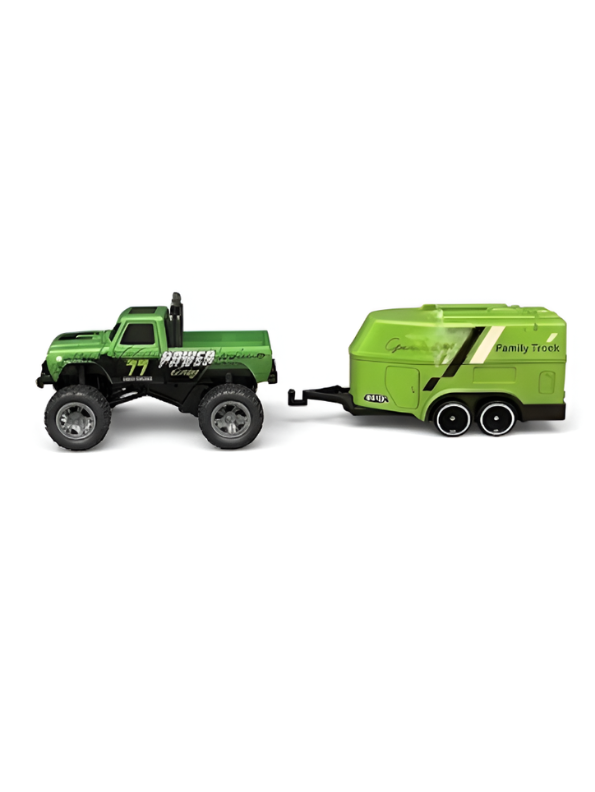 RC Monster Truck with Detachable Camper Caravan Trailer 1:64 Scale Green with Acrylic Display Case MD571.