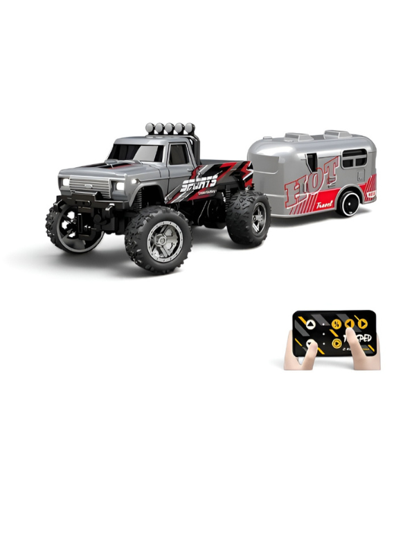 RC Monster Truck with Detachable Camper Caravan Trailer 1:64 Scale Grey with Acrylic Display Case MD571.