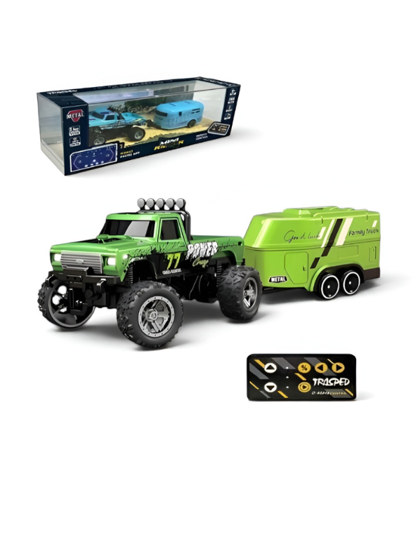 RC Monster Truck with Detachable Camper Caravan Trailer 1:64 Scale Green with Acrylic Display Case MD571.