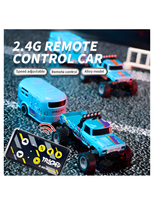 RC Monster Truck with Detachable Camper Caravan Trailer 1:64 Scale Orange with Acrylic Display Case MD571.