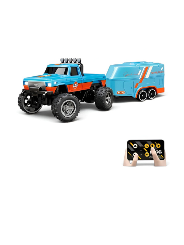 RC Monster Truck with Detachable Camper Caravan Trailer 1:64 Scale Orange with Acrylic Display Case MD571.