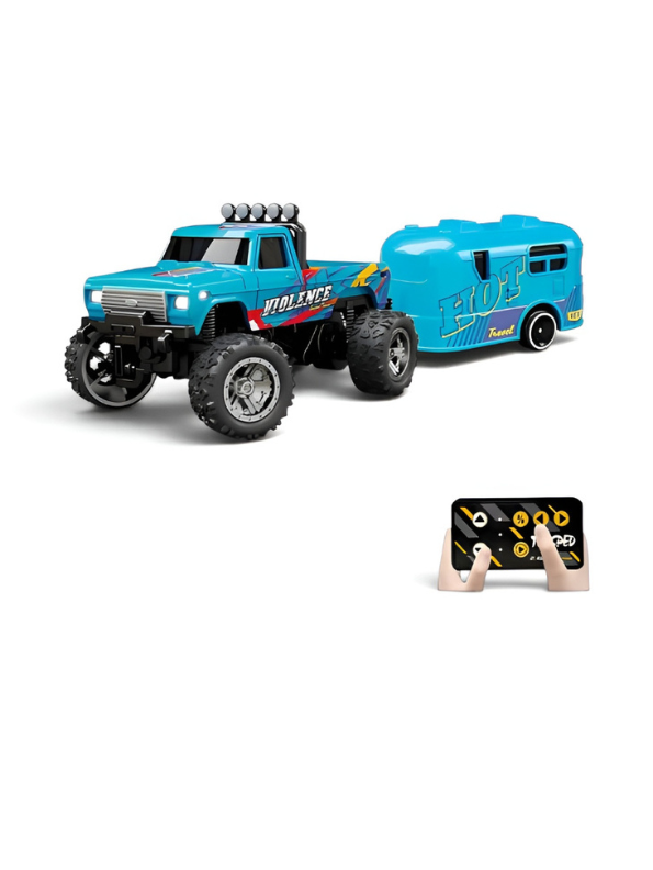 RC Monster Truck with Detachable Camper Caravan Trailer 1:64 Scale Orange with Acrylic Display Case MD571.