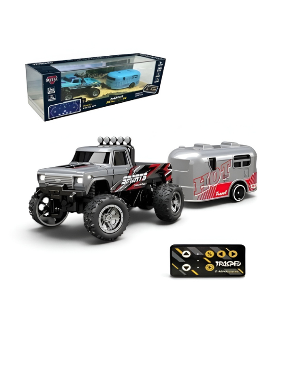 RC Monster Truck with Detachable Camper Caravan Trailer 1:64 Scale Grey with Acrylic Display Case MD571.
