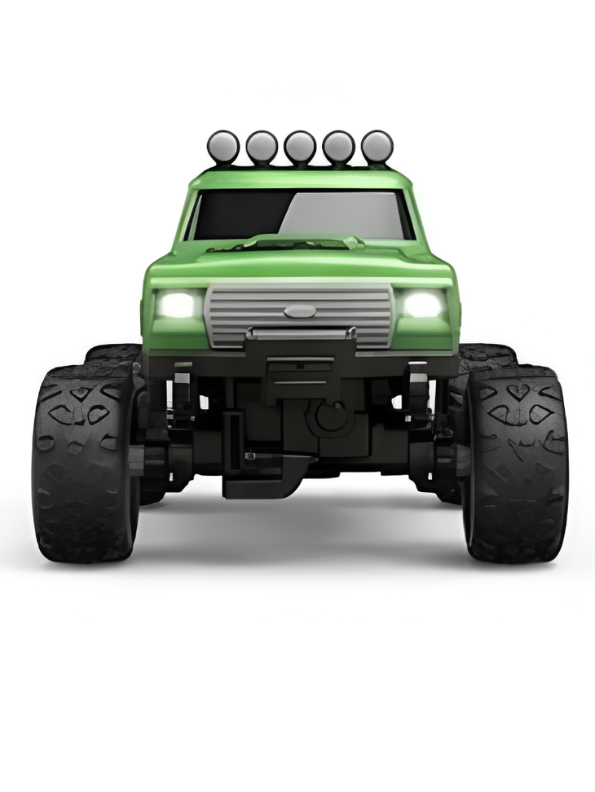 RC Monster Truck with Detachable Camper Caravan Trailer 1:64 Scale Green with Acrylic Display Case MD571.