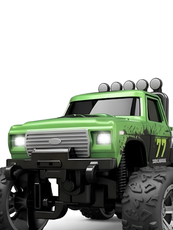 RC Monster Truck with Detachable Camper Caravan Trailer 1:64 Scale Green with Acrylic Display Case MD571.