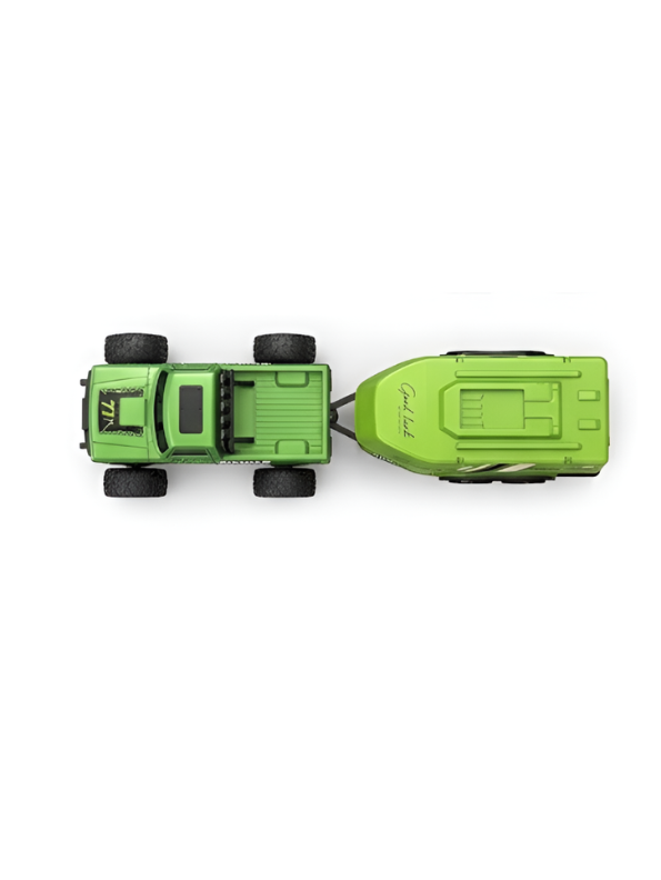 RC Monster Truck with Detachable Camper Caravan Trailer 1:64 Scale Green with Acrylic Display Case MD571.