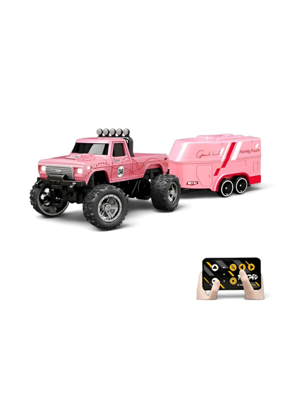 RC Monster Truck with Detachable Camper Caravan Trailer 1:64 Scale Orange with Acrylic Display Case MD571.