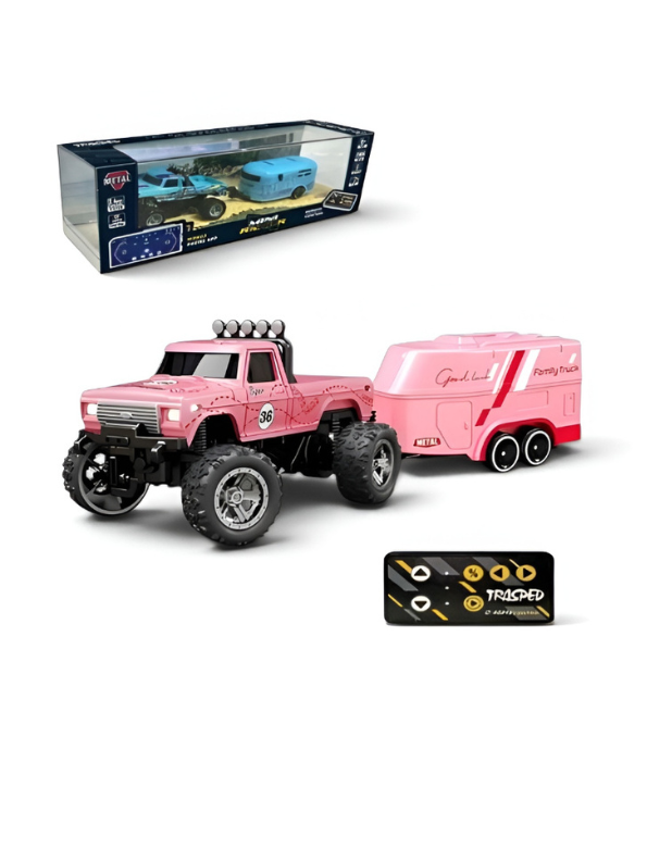 RC Monster Truck with Detachable Camper Caravan Trailer 1:64 Scale Pink with Acrylic Display Case MD571.