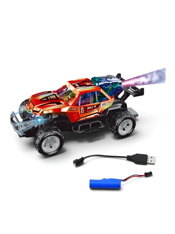 RC Spray Stunt Buggy – 1:18 Scale All-Terrain Remote Control Climbing Truck with LED Lights, Exhaust Mist Effect & USB Rechargeable Battery LMI16891