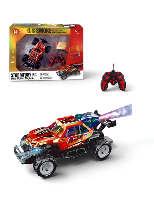 RC Red Spray Stunt Buggy – 1:18 Scale All-Terrain Remote Control Climbing Truck with LED Lights, Exhaust Mist Effect & USB Rechargeable Battery LMI16891