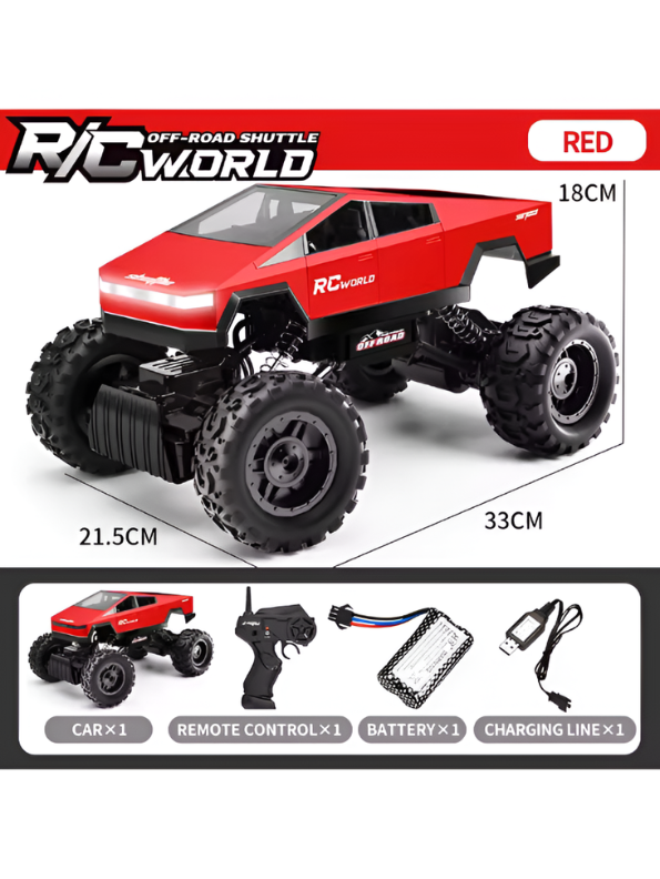 RC World 1:14 Scale Off-Road Monster Truck - Red Cybertruck Style Remote Control Car with Rechargeable Battery, LED Lights & All-Terrain Suspension LMI16861