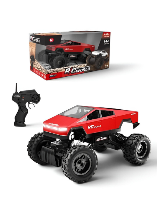 RC World 1:14 Scale Off-Road Monster Truck - Red Cybertruck Style Remote Control Car with Rechargeable Battery, LED Lights & All-Terrain Suspension LMI16861