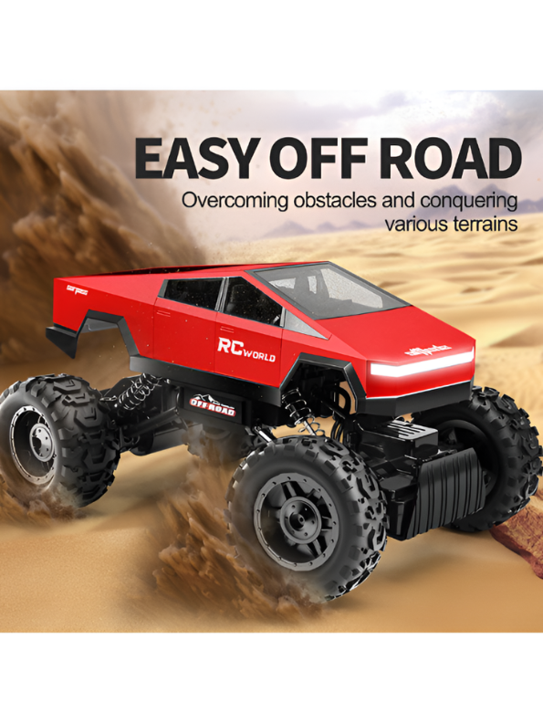 RC World 1:14 Scale Off-Road Monster Truck - Red Cybertruck Style Remote Control Car with Rechargeable Battery, LED Lights & All-Terrain Suspension LMI16861