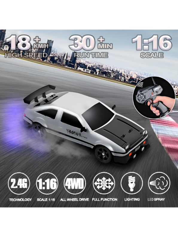 1:16 Scale RC Drift Car - AE86 Retro Racing Stunt Car with LED Lights, 2.4GHz High-Speed Remote Control Toy for Boys & Adults, 4WD On-Road Drift Stunt Vehicle (White/Black) LMI15079