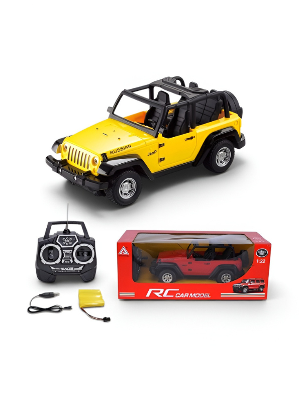 Remote Control Jeep Toy Car for Kids - 1:22 Scale Yellow Off-Road RC Crawler Model with 3.7V Rechargeable Battery and Steering Remote, Open-Top Wrangler Style Toy For Kids LMI8550