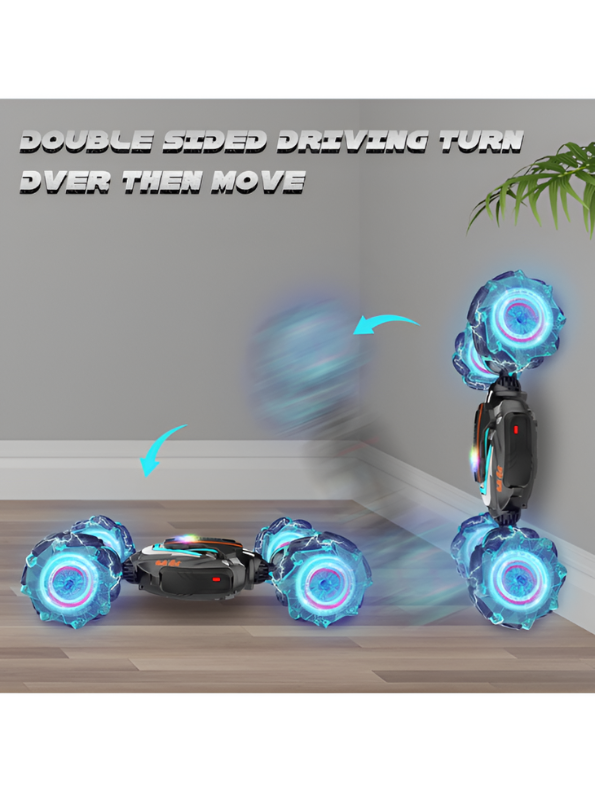 4WD RC Twisting Stunt Car – Blue Dual-Control (Hand Gesture & Remote) Toy Vehicle with Light-Up Mecanum Wheels & Music LMI14635