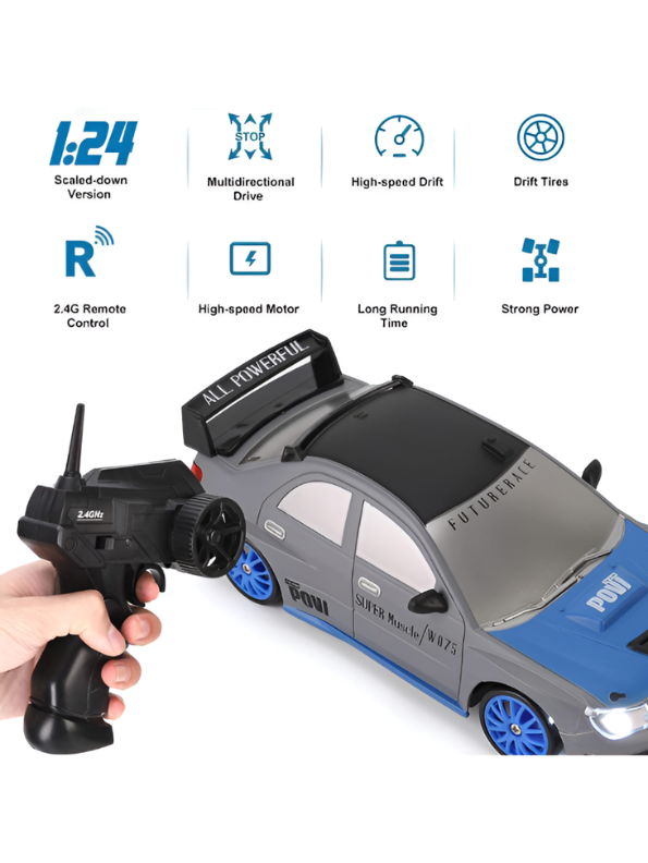 4WD RC Drift Car 1:24 Scale - 2.4GHz High-Speed Remote Control Muscle Car Toy with Extra Speed Tires and Traffic Cones NX16777