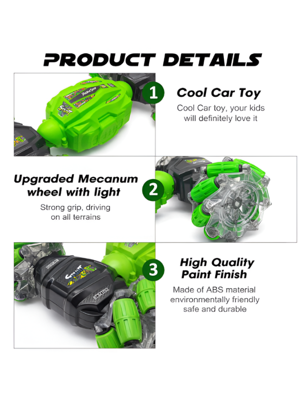 4WD RC Twisting Stunt Car – Dual-Control (Hand Gesture & Remote) Toy Vehicle with Light-Up Mecanum Wheels & Music LMI14635