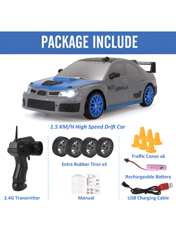 4WD RC Drift Car 1:24 Scale - 2.4GHz High-Speed Remote Control Muscle Car Toy with Extra Speed Tires and Traffic Cones NX16777