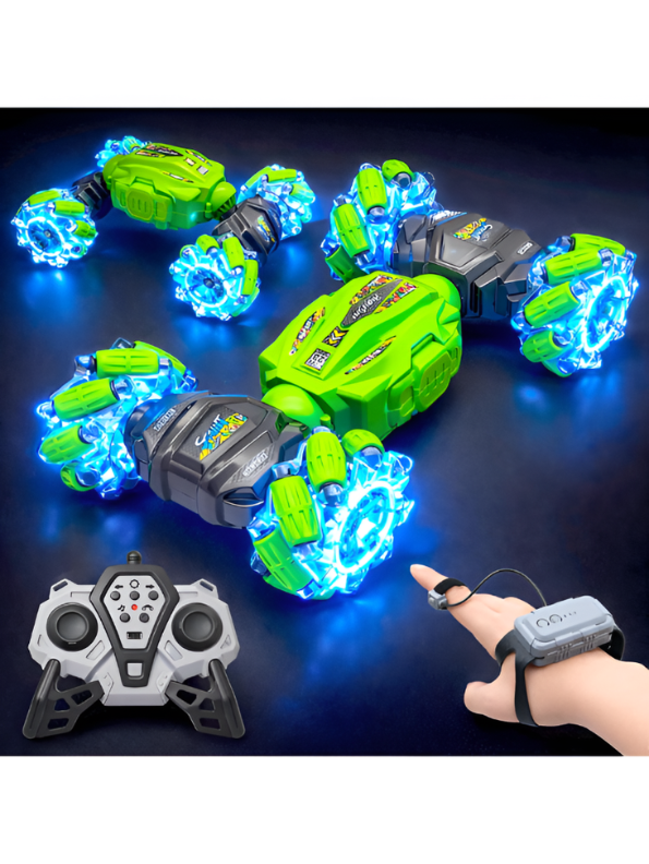 4WD RC Twisting Stunt Car – Dual-Control (Hand Gesture & Remote) Toy Vehicle with Light-Up Mecanum Wheels & Music LMI14635