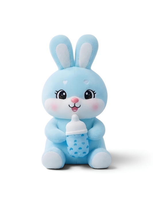Rabbit Soft Toy with Feeding Bottle – 10-Inch Blue Cute Plush Stuffed Animal for Kids ST12508