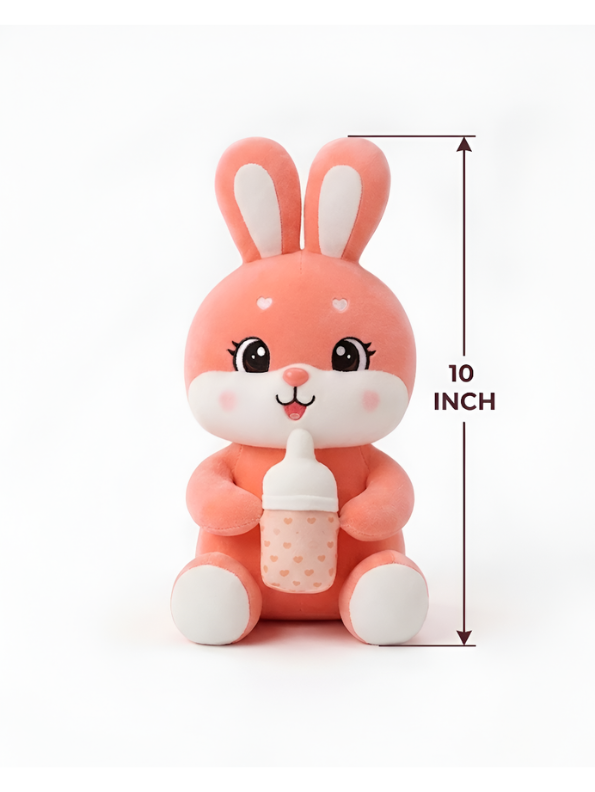 Rabbit Soft Toy with Feeding Bottle – 10-Inch Pink Cute Plush Stuffed Animal for Kids ST12508