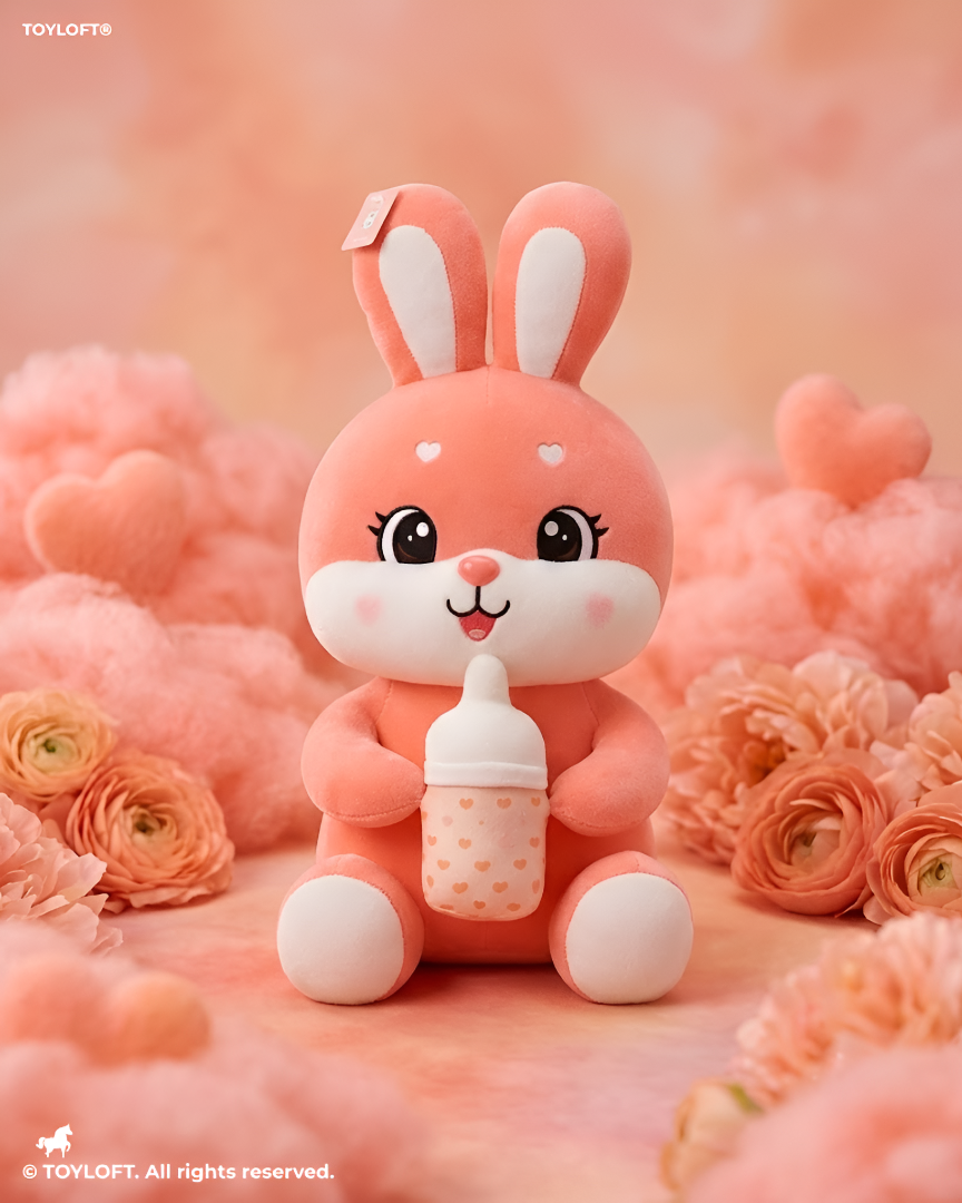 Rabbit Soft Toy with Feeding Bottle – 10-Inch Pink Cute Plush Stuffed Animal for Kids ST12508