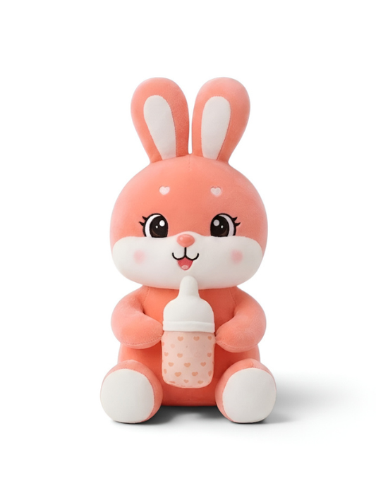 Rabbit Soft Toy with Feeding Bottle – 10-Inch Pink Cute Plush Stuffed Animal for Kids ST12508