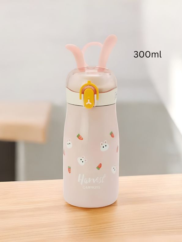 Pink - Rabbiyt Bunny Ears Water Bottle for Kids 300ml – Cute & Safe Sipper for School & Travel NOV3557.