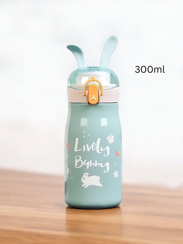 Green - Rabbiyt Bunny Ears Water Bottle for Kids 300ml – Cute & Safe Sipper for School & Travel NOV3557.