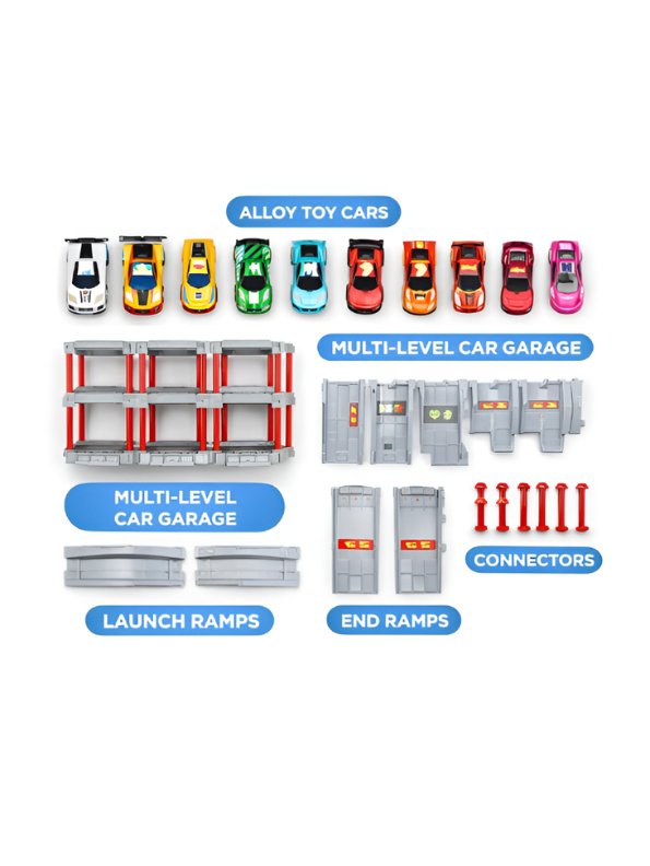 Racing Garage Toy Playset – Multi-Level Parking Lot with Cars & Launch Ramps Set NX16705.