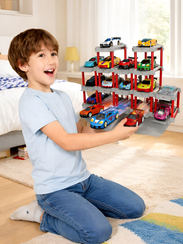 Racing Garage Toy Playset – Multi-Level Parking Lot with Cars & Launch Ramps Set NX16705.