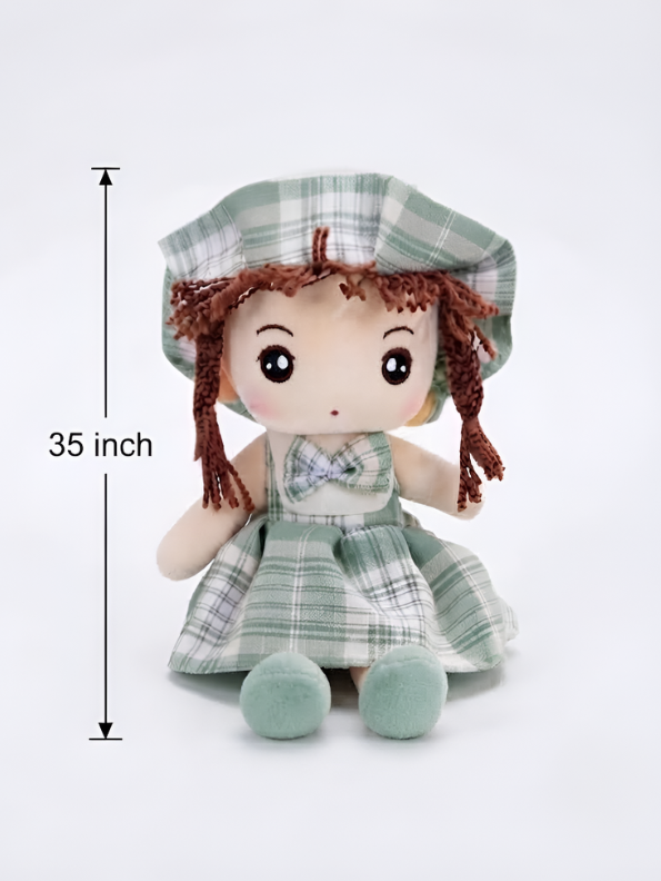 Rag Doll for Girls – Handmade 35cm Soft Plush Green Plaid Dress & Bonnet, Cute Stuffed Toy ST10975