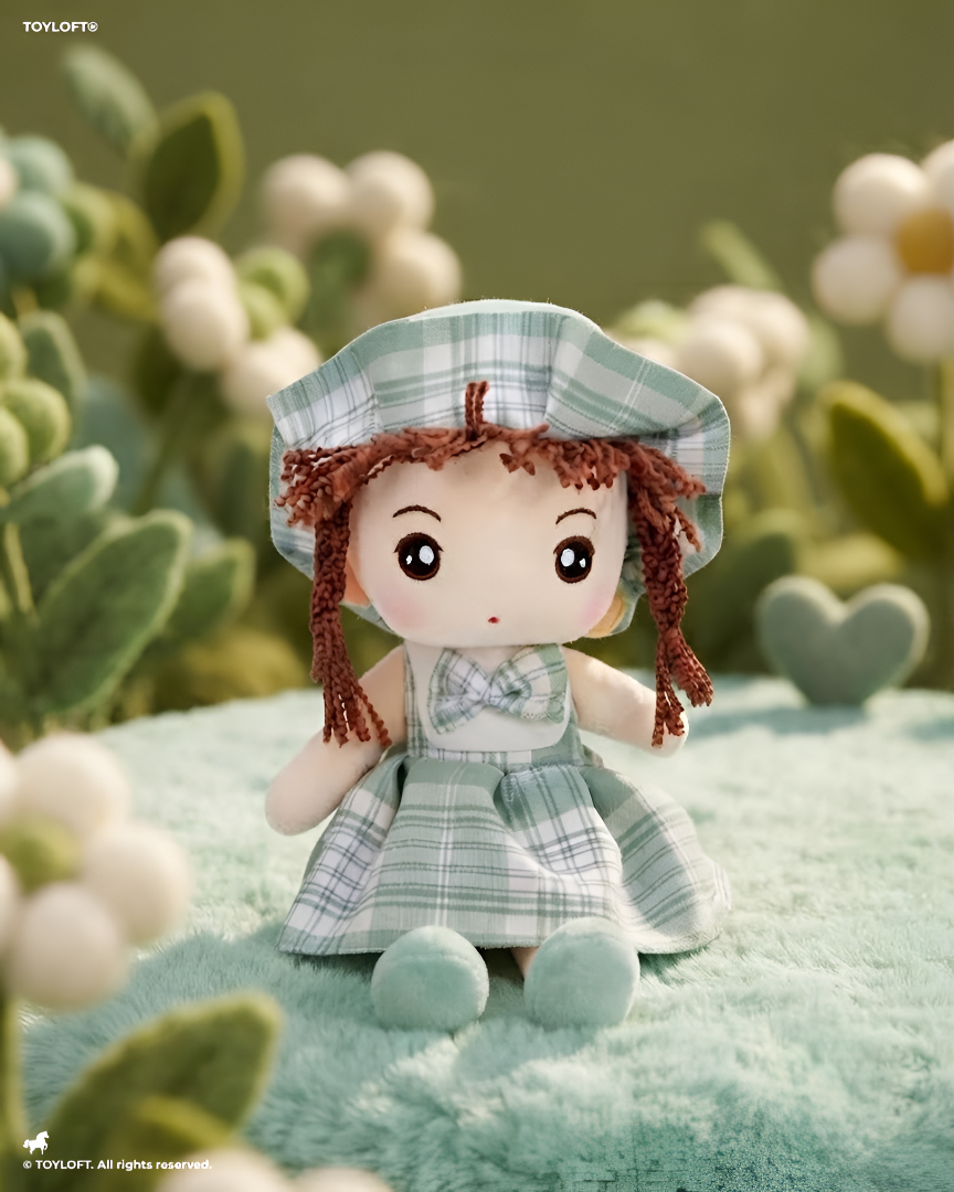 Rag Doll for Girls – Handmade 35cm Soft Plush Green Plaid Dress & Bonnet, Cute Stuffed Toy ST10975