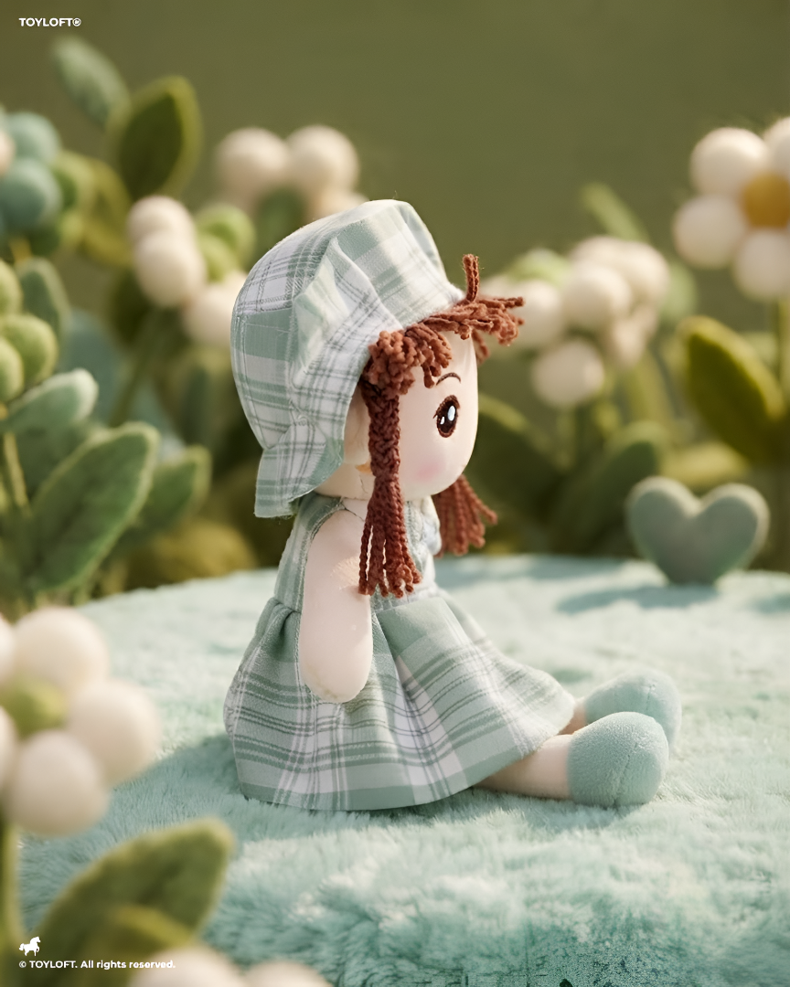 Rag Doll for Girls – Handmade 35cm Soft Plush Green Plaid Dress & Bonnet, Cute Stuffed Toy ST10975