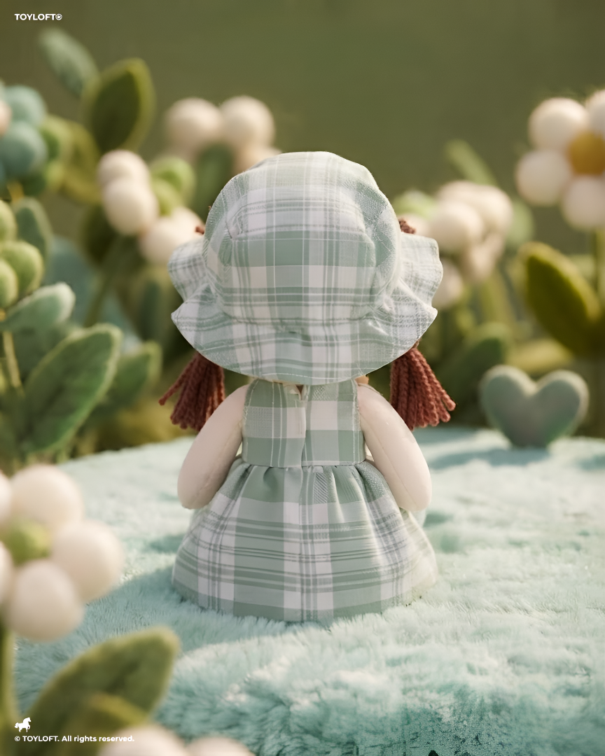 Rag Doll for Girls – Handmade 35cm Soft Plush Green Plaid Dress & Bonnet, Cute Stuffed Toy ST10975