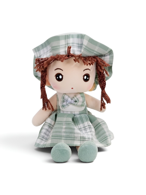 Rag Doll for Girls – Handmade 35cm Soft Plush Green Plaid Dress & Bonnet, Cute Stuffed Toy ST10975