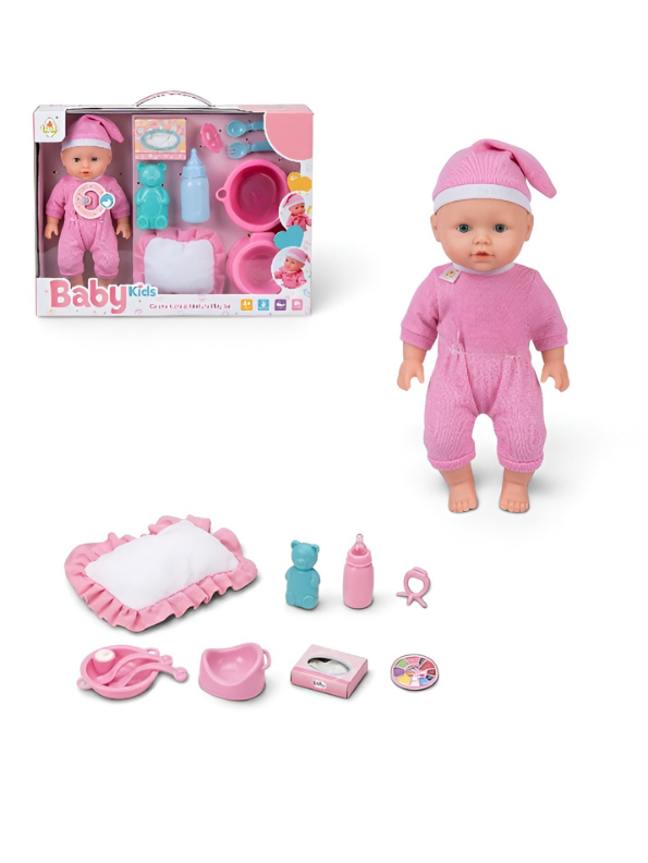 Realistic Pink Baby Doll Play Set with Changing Accessories & Pillow – 12-Inch Cute Newborn Doll in Pink Jumpsuit and Pajama Hat, Pretend Play Care Kit TV4184