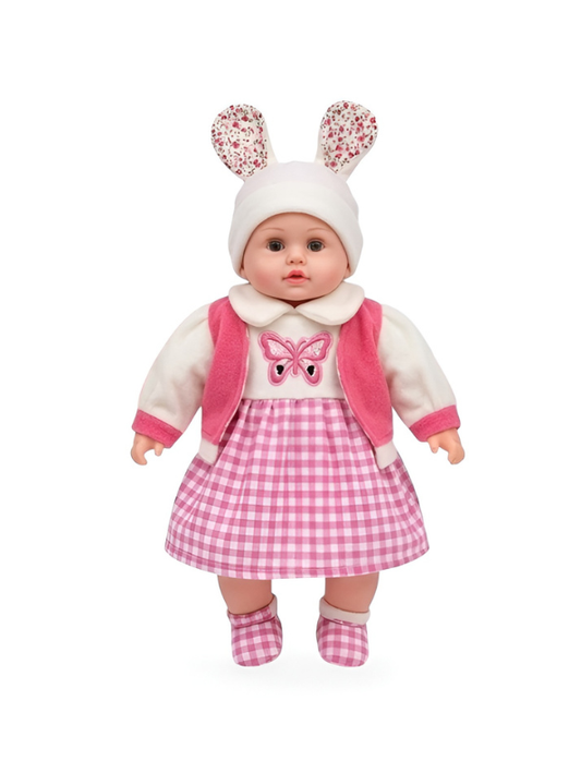 Realistic Baby Doll in Pink Gingham Dress and Bunny Ear Hat TV4365.