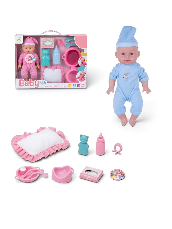 Realistic Blue Baby Doll Play Set with Changing Accessories & Pillow – 12-Inch Cute Newborn Doll in Pink Jumpsuit and Pajama Hat, Pretend Play Care Kit TV4184